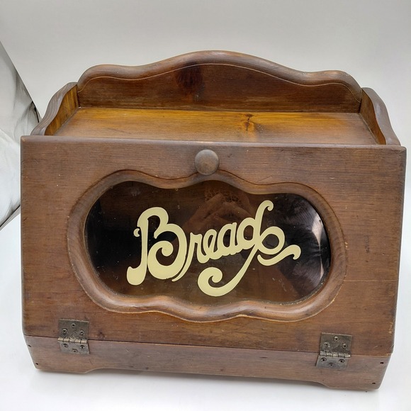 Other - Vtg Wood Bread Box Stencil Design Glass Face Farmhouse Breadbox Cottagecore